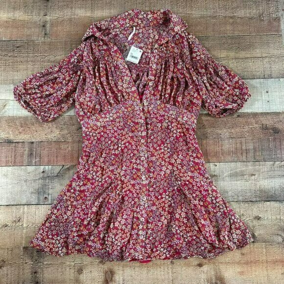 Free People floral print plunge mini dress with half sleeves size medium NWTs - Picture 2 of 12